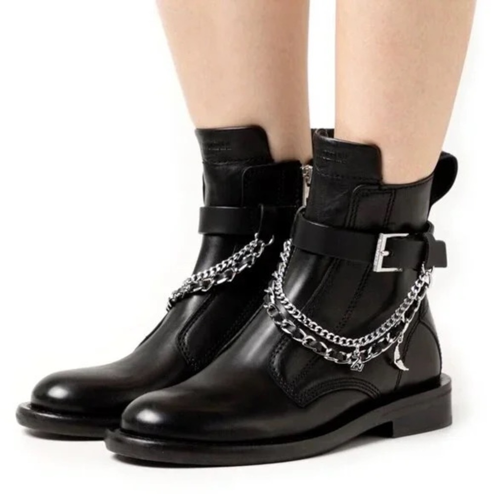 New! Zadig & Voltaire Laureen Black Leather & Silver Chain Ankle Booties
